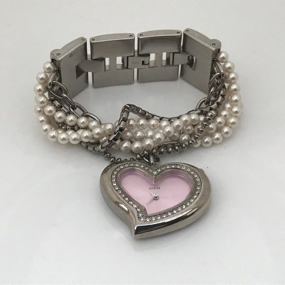 Guess Ladies Watch Heart Shape Pink Face Beads Cha - Picture 10 of 12
